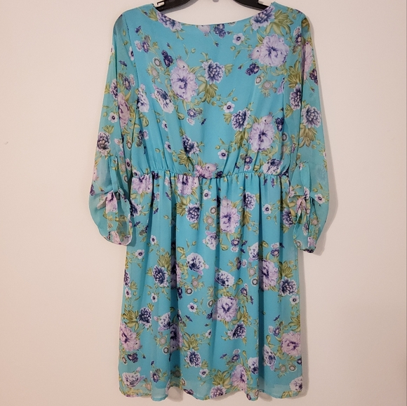 PNK BLUSH TEAL  FLORAL CHIFFON 3/4 LENGHT SLEEVE SCOOP NECK SIZE XL - Picture 5 of 7